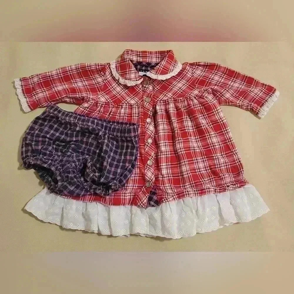 2 PC Set Vtg Tommy Hilfiger 3-6 Mo. Red, Blue, and White Plaid w/ Ruffles. Sweet